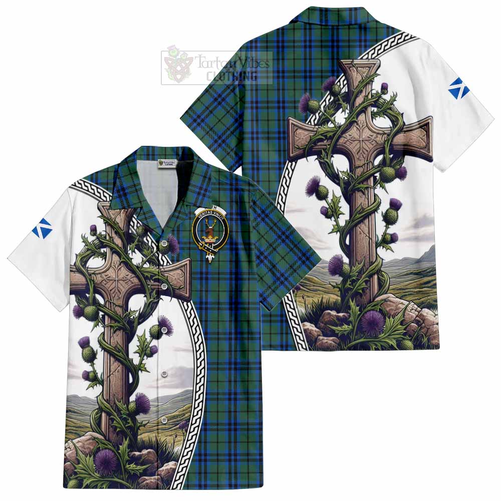 Tartan Vibes Clothing Keith Tartan Short Sleeve Button Shirt with Family Crest and St. Andrew's Cross Accented by Thistle Vines