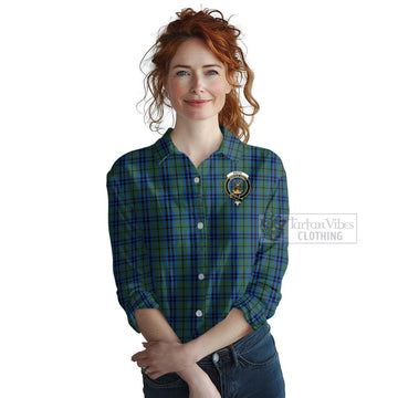 Keith Tartan Women's Casual Shirt with Family Crest and Bearded Skull Holding Bottles of Whiskey