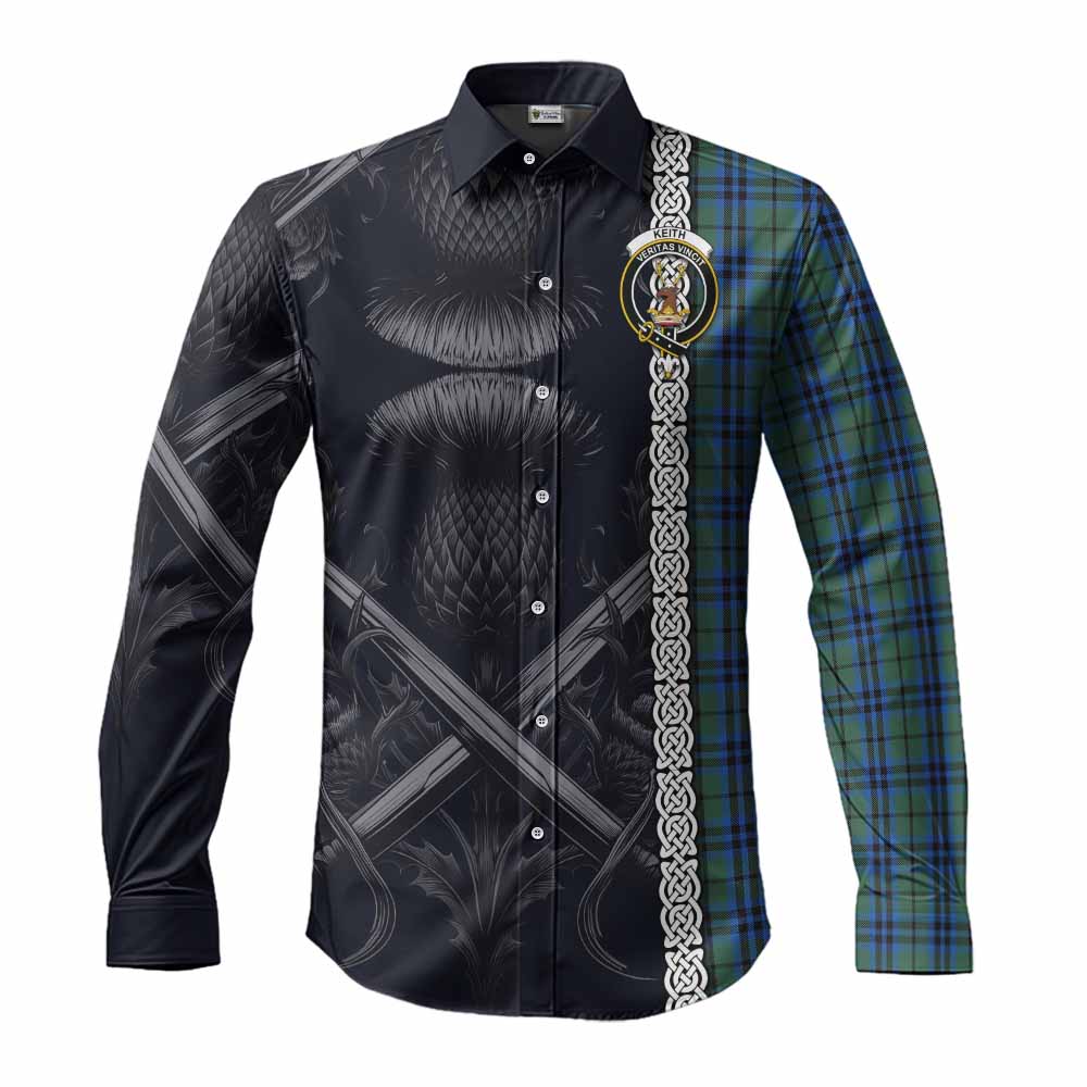 Keith Tartan Long Sleeve Button Shirt with Family Crest Cross Sword Thistle Celtic Vibes Men's Shirt S - Tartan Vibes Clothing