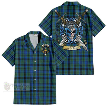 Keith Tartan Short Sleeve Button Shirt with Family Crest Celtic Skull Style