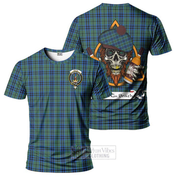 Keith Tartan T-Shirt with Family Crest and Bearded Skull Holding Bottles of Whiskey