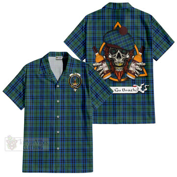 Keith Tartan Short Sleeve Button Shirt with Family Crest and Bearded Skull Holding Bottles of Whiskey