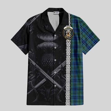 Keith Tartan Short Sleeve Button Shirt with Family Crest Cross Sword Thistle Celtic Vibes