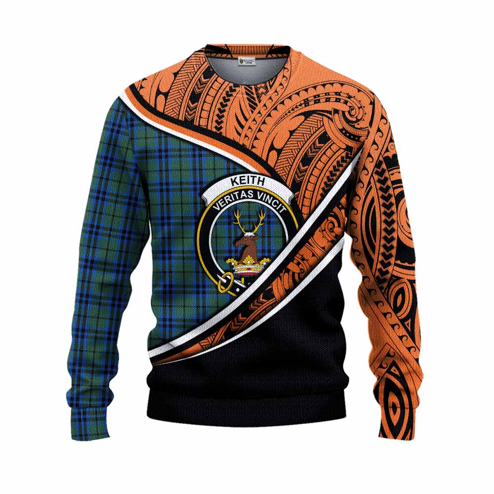 Tartan Vibes Clothing Keith Crest Tartan Knitted Sweater with Maori Tattoo Style - Orange Version