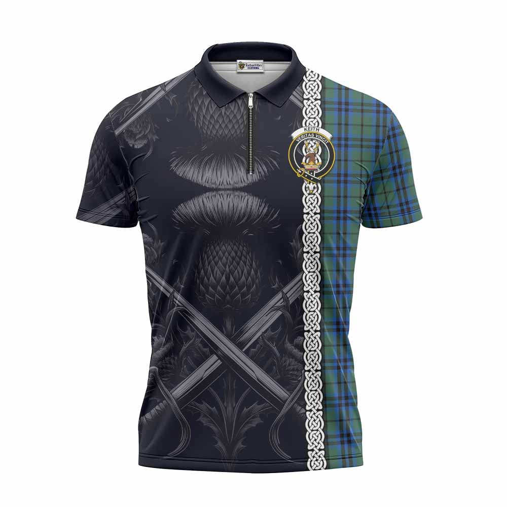 Tartan Vibes Clothing Keith Tartan Zipper Polo Shirt with Family Crest Cross Sword Thistle Celtic Vibes