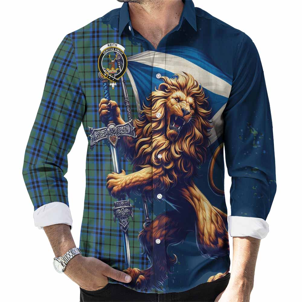 Tartan Vibes Clothing Keith Tartan Family Crest Long Sleeve Button Shirt with Scottish Majestic Lion