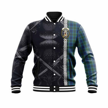 Keith Tartan Baseball Jacket with Family Crest Cross Sword Thistle Celtic Vibes