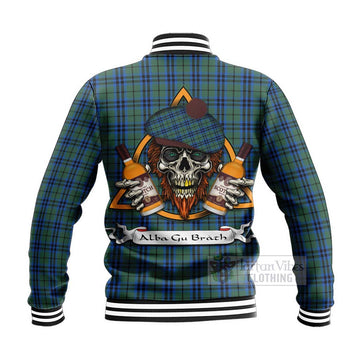 Keith Tartan Baseball Jacket with Family Crest and Bearded Skull Holding Bottles of Whiskey