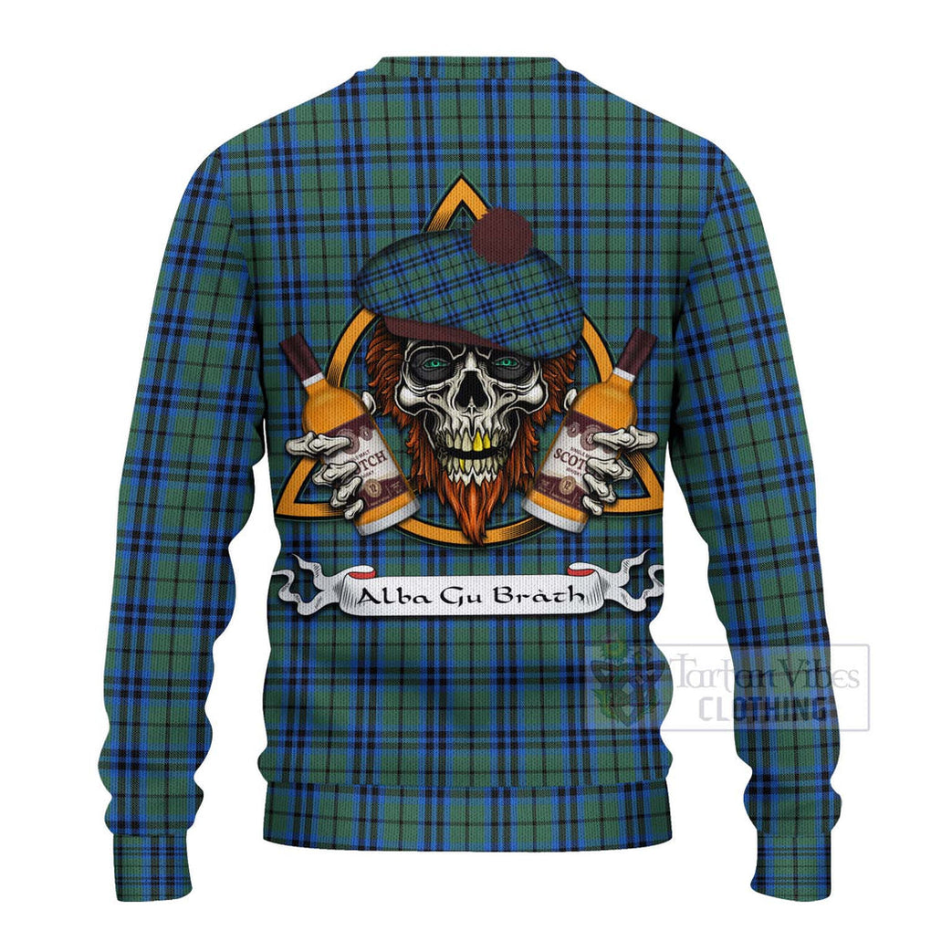 Tartan Vibes Clothing Keith Tartan Knitted Sweater with Family Crest and Bearded Skull Holding Bottles of Whiskey