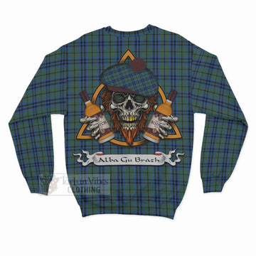 Keith Tartan Sweatshirt with Family Crest and Bearded Skull Holding Bottles of Whiskey