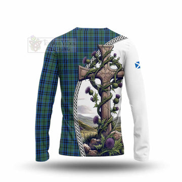 Keith Tartan Long Sleeve T-Shirt with Family Crest and St. Andrew's Cross Accented by Thistle Vines