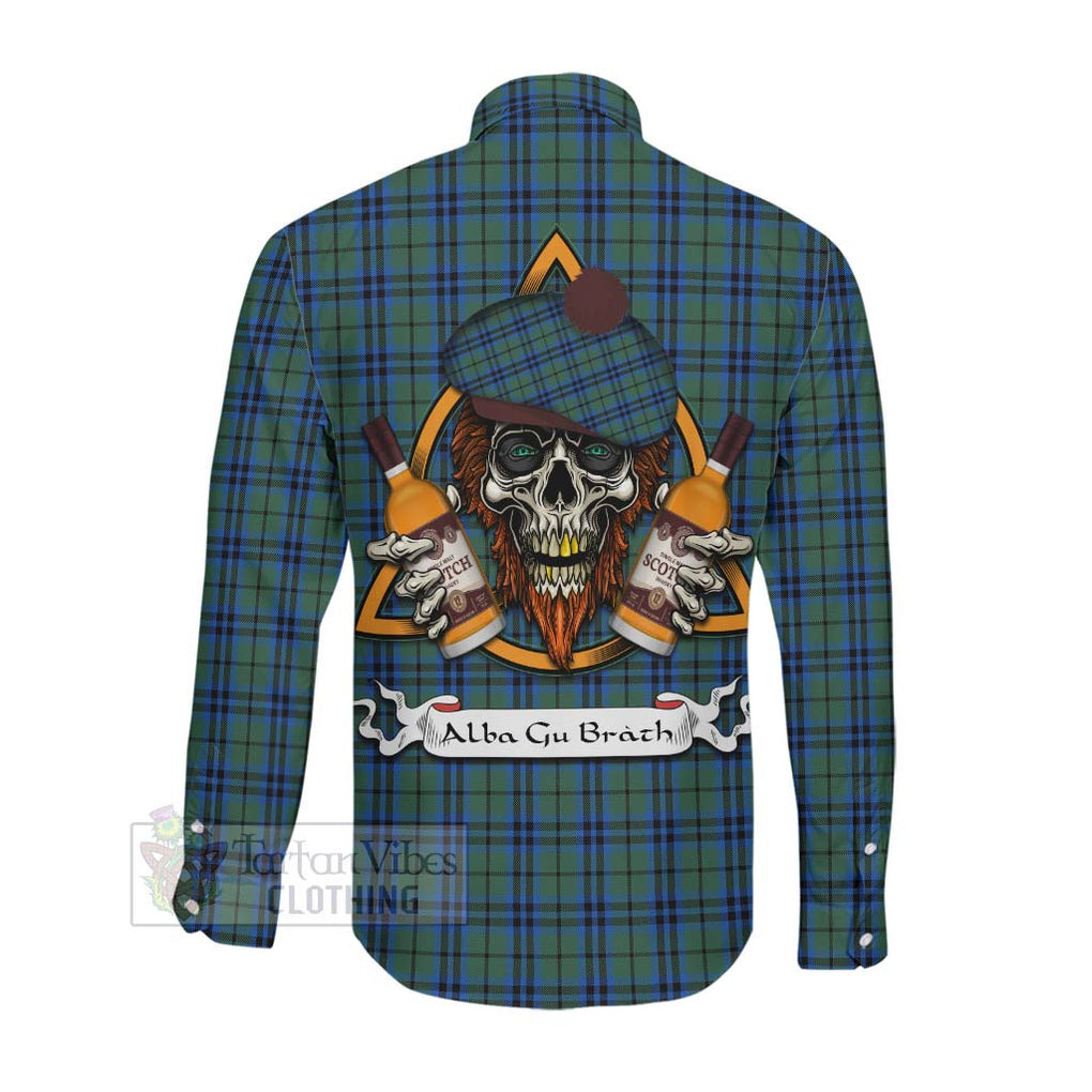 Tartan Vibes Clothing Keith Tartan Long Sleeve Button Shirt with Family Crest and Bearded Skull Holding Bottles of Whiskey