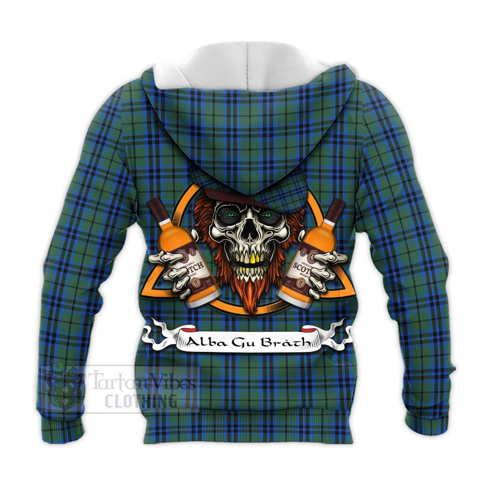 Tartan Vibes Clothing Keith Tartan Knitted Hoodie with Family Crest and Bearded Skull Holding Bottles of Whiskey