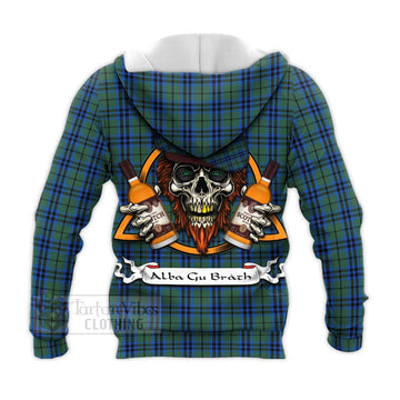 Keith Tartan Knitted Hoodie with Family Crest and Bearded Skull Holding Bottles of Whiskey