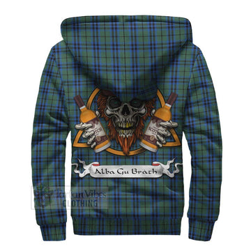 Keith Tartan Sherpa Hoodie with Family Crest and Bearded Skull Holding Bottles of Whiskey