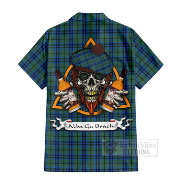 Keith Tartan Short Sleeve Button Shirt with Family Crest and Bearded Skull Holding Bottles of Whiskey