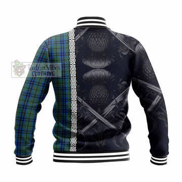 Keith Tartan Baseball Jacket with Family Crest Cross Sword Thistle Celtic Vibes