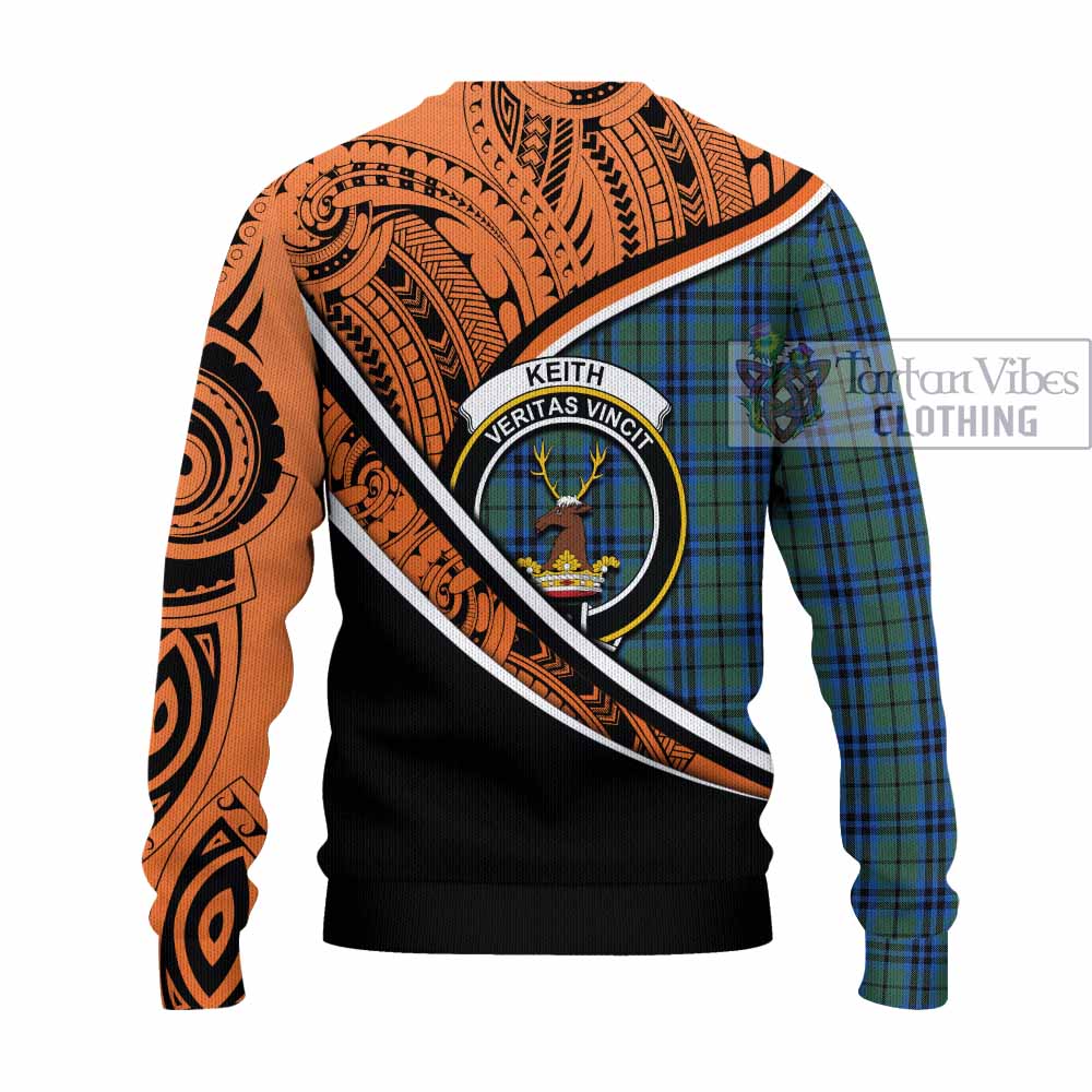 Tartan Vibes Clothing Keith Crest Tartan Knitted Sweater with Maori Tattoo Style - Orange Version