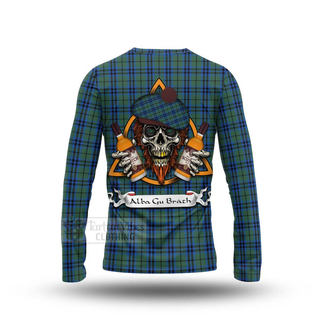 Tartan Vibes Clothing Keith Tartan Long Sleeve T-Shirt with Family Crest and Bearded Skull Holding Bottles of Whiskey