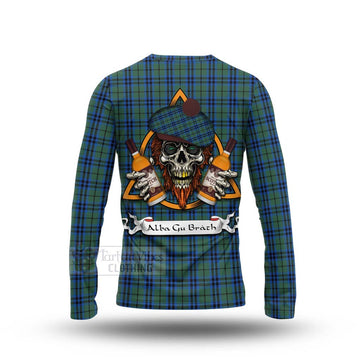 Keith Tartan Long Sleeve T-Shirt with Family Crest and Bearded Skull Holding Bottles of Whiskey