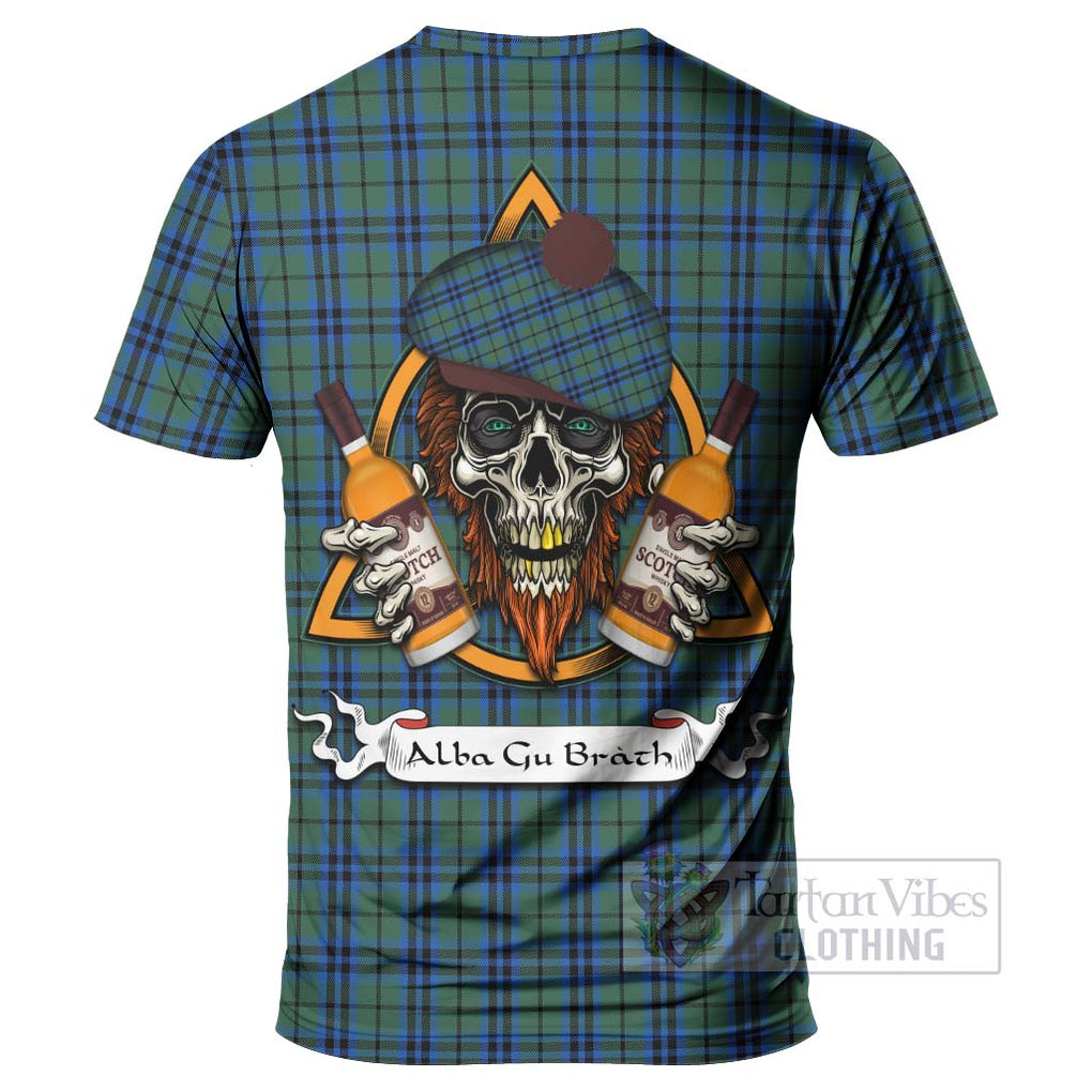 Tartan Vibes Clothing Keith Tartan T-Shirt with Family Crest and Bearded Skull Holding Bottles of Whiskey