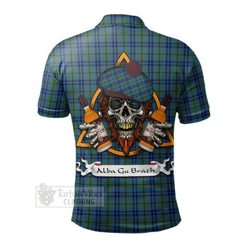 Keith Tartan Polo Shirt with Family Crest and Bearded Skull Holding Bottles of Whiskey