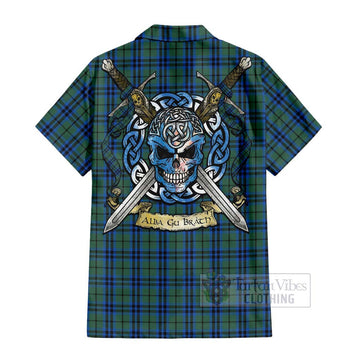 Keith Tartan Short Sleeve Button Shirt with Family Crest Celtic Skull Style