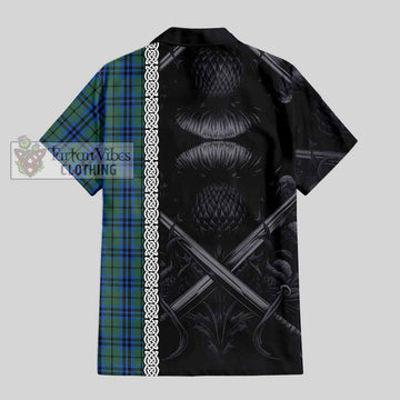 Keith Tartan Short Sleeve Button Shirt with Family Crest Cross Sword Thistle Celtic Vibes