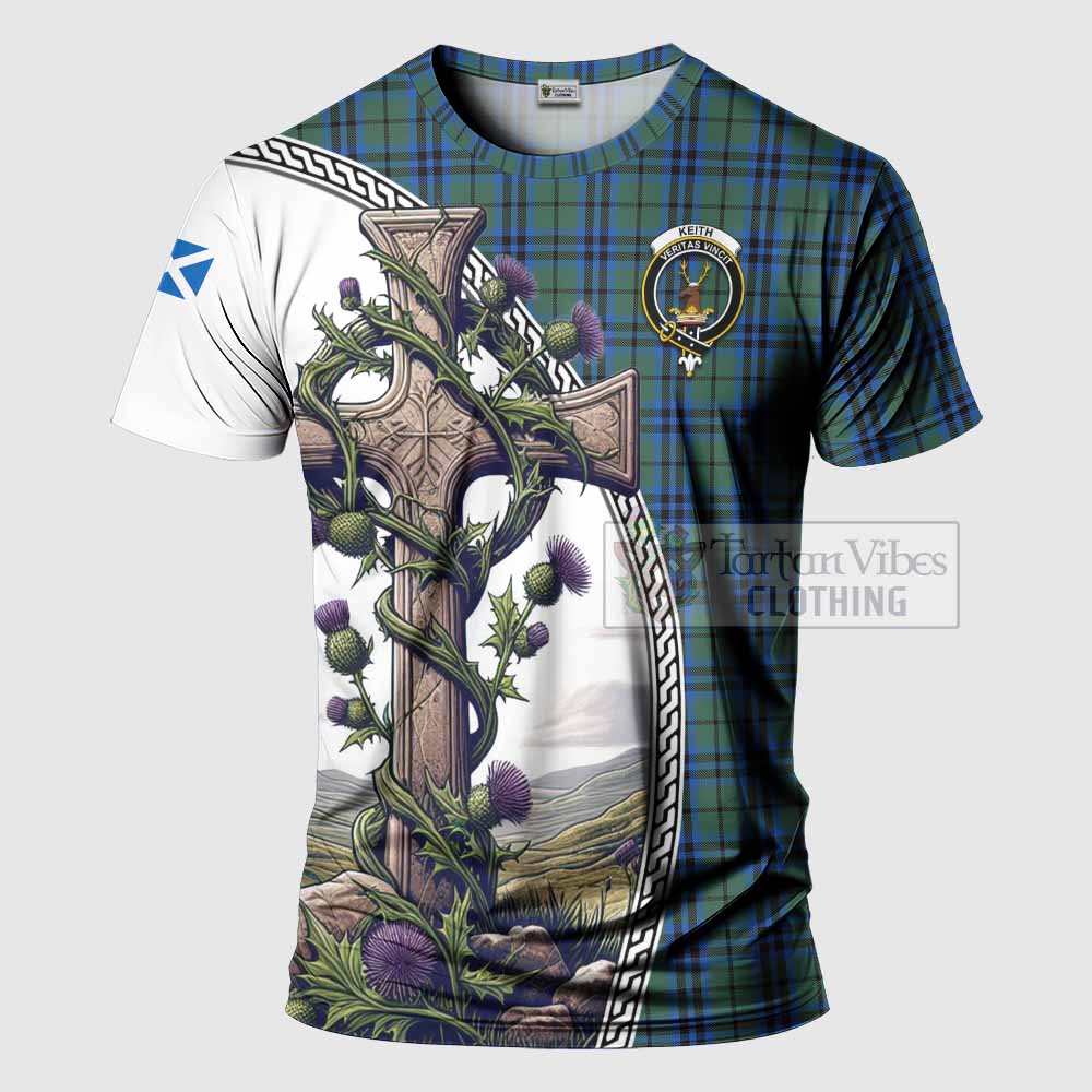 Tartan Vibes Clothing Keith Agnew Tartan T-Shirt with Family Crest and St. Andrew's Cross Accented by Thistle Vines