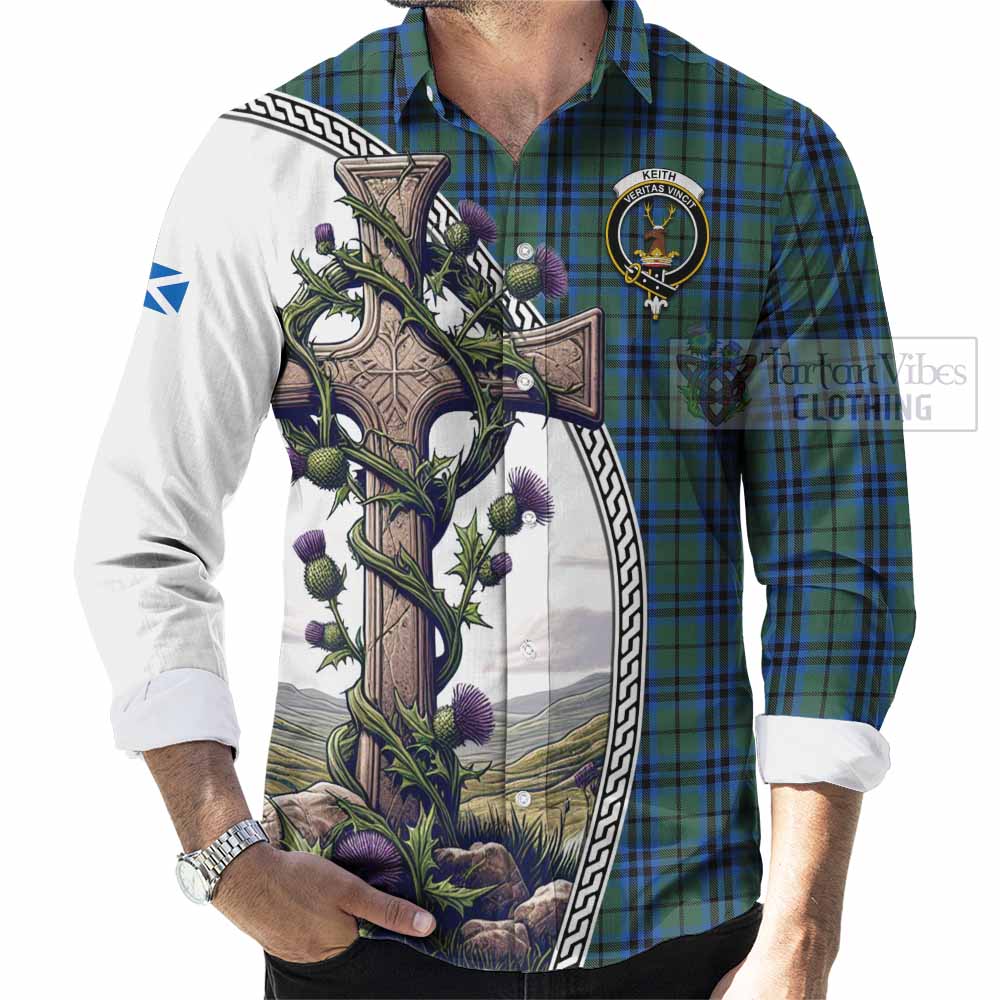 Tartan Vibes Clothing Keith Tartan Long Sleeve Button Shirt with Family Crest and St. Andrew's Cross Accented by Thistle Vines