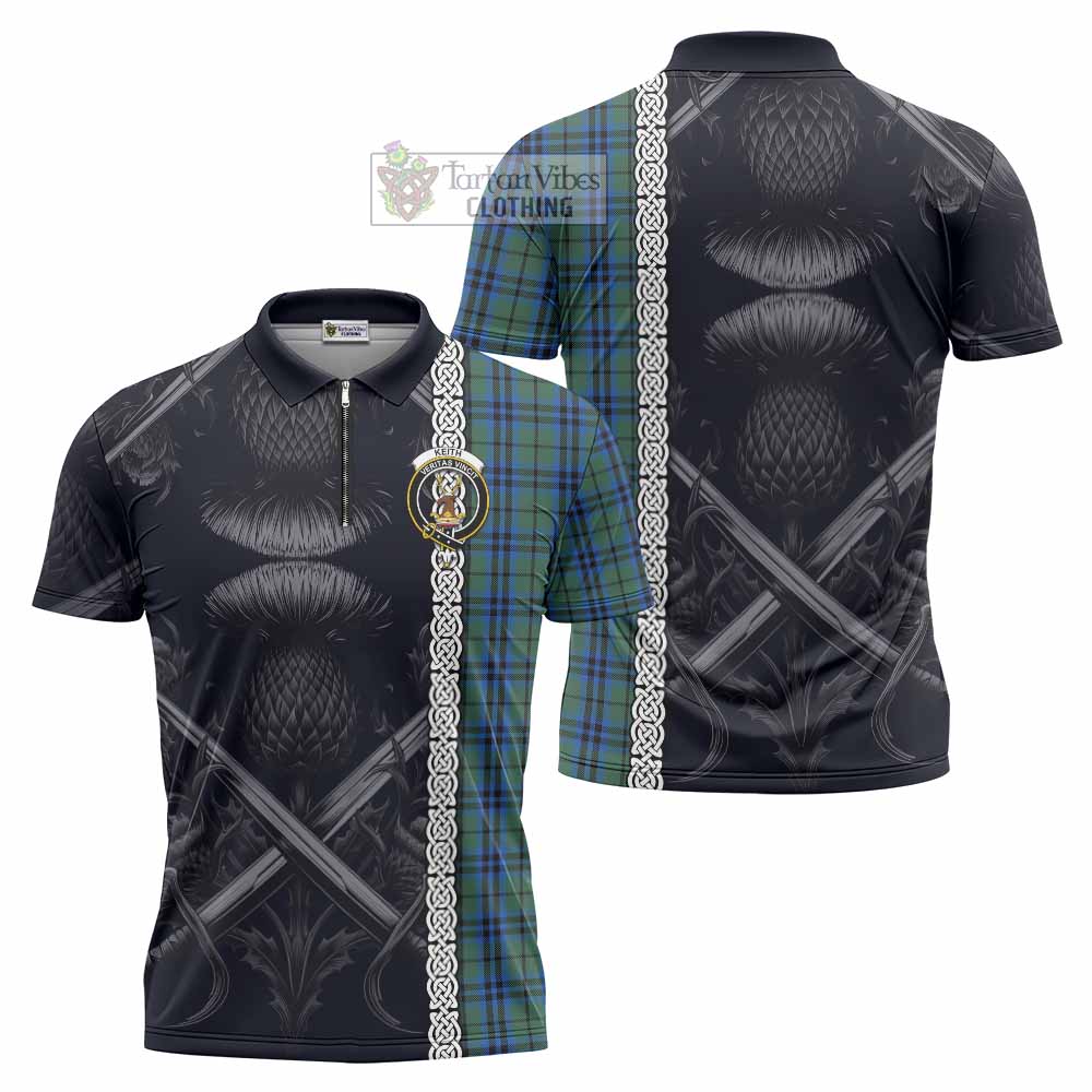 Tartan Vibes Clothing Keith Tartan Zipper Polo Shirt with Family Crest Cross Sword Thistle Celtic Vibes