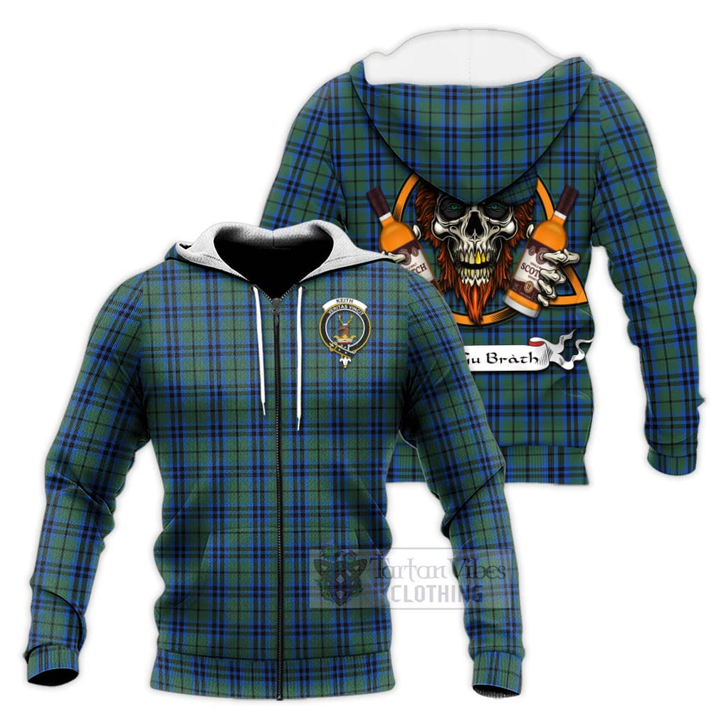 Tartan Vibes Clothing Keith Tartan Knitted Hoodie with Family Crest and Bearded Skull Holding Bottles of Whiskey