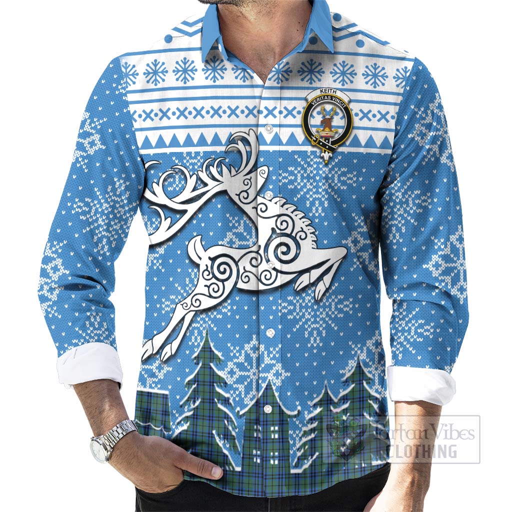 Tartan Vibes Clothing Keith Clan Christmas Long Sleeve Button Shirt Celtic Reindeer Style