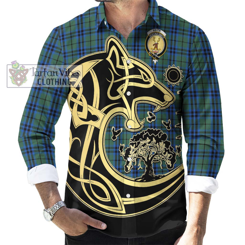 Keith Tartan Long Sleeve Button Shirt with Family Crest Celtic Wolf Style - Tartan Vibes Clothing