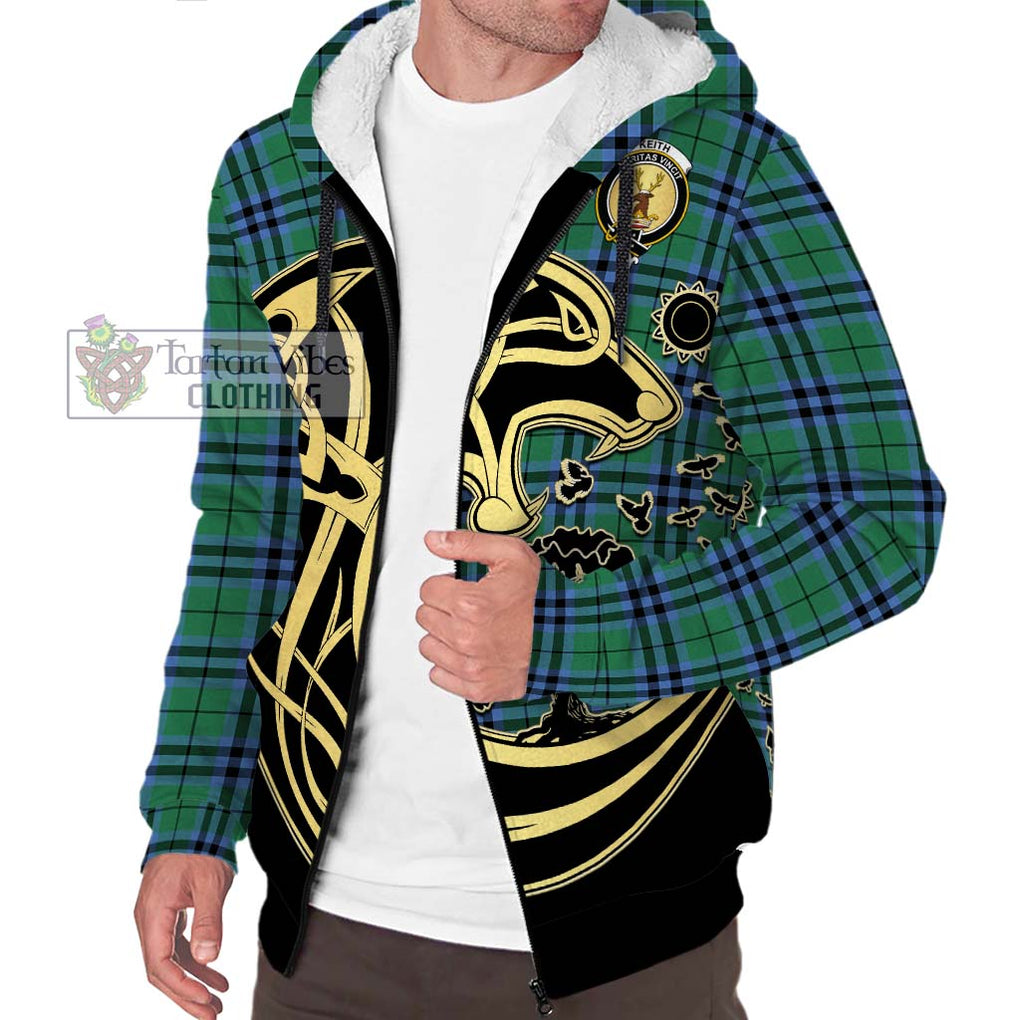 Keith Ancient Tartan Sherpa Hoodie with Family Crest Celtic Wolf Style Unisex S - Tartan Vibes Clothing