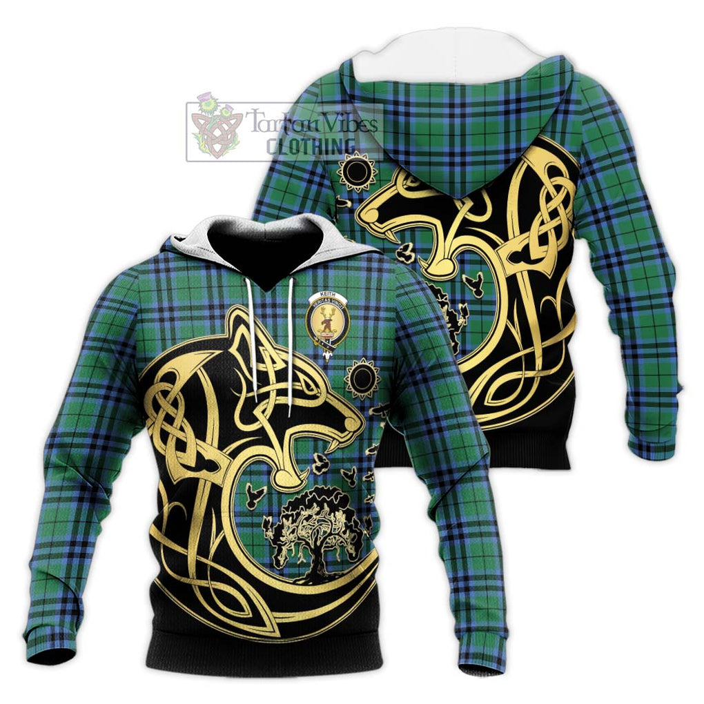 Keith Ancient Tartan Knitted Hoodie with Family Crest Celtic Wolf Style Unisex Knitted Pullover Hoodie - Tartan Vibes Clothing