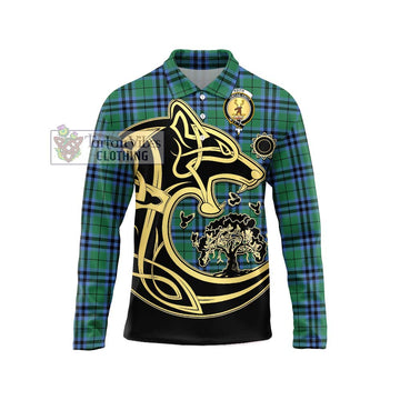 Keith Ancient Tartan Long Sleeve Polo Shirt with Family Crest Celtic Wolf Style