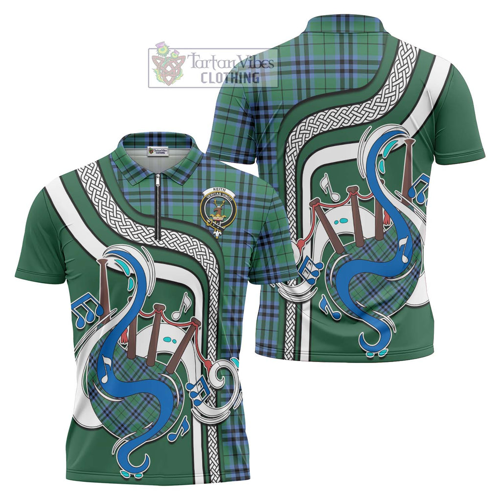 Keith Ancient Tartan Zipper Polo Shirt with Epic Bagpipe Style Unisex - Tartanvibesclothing Shop