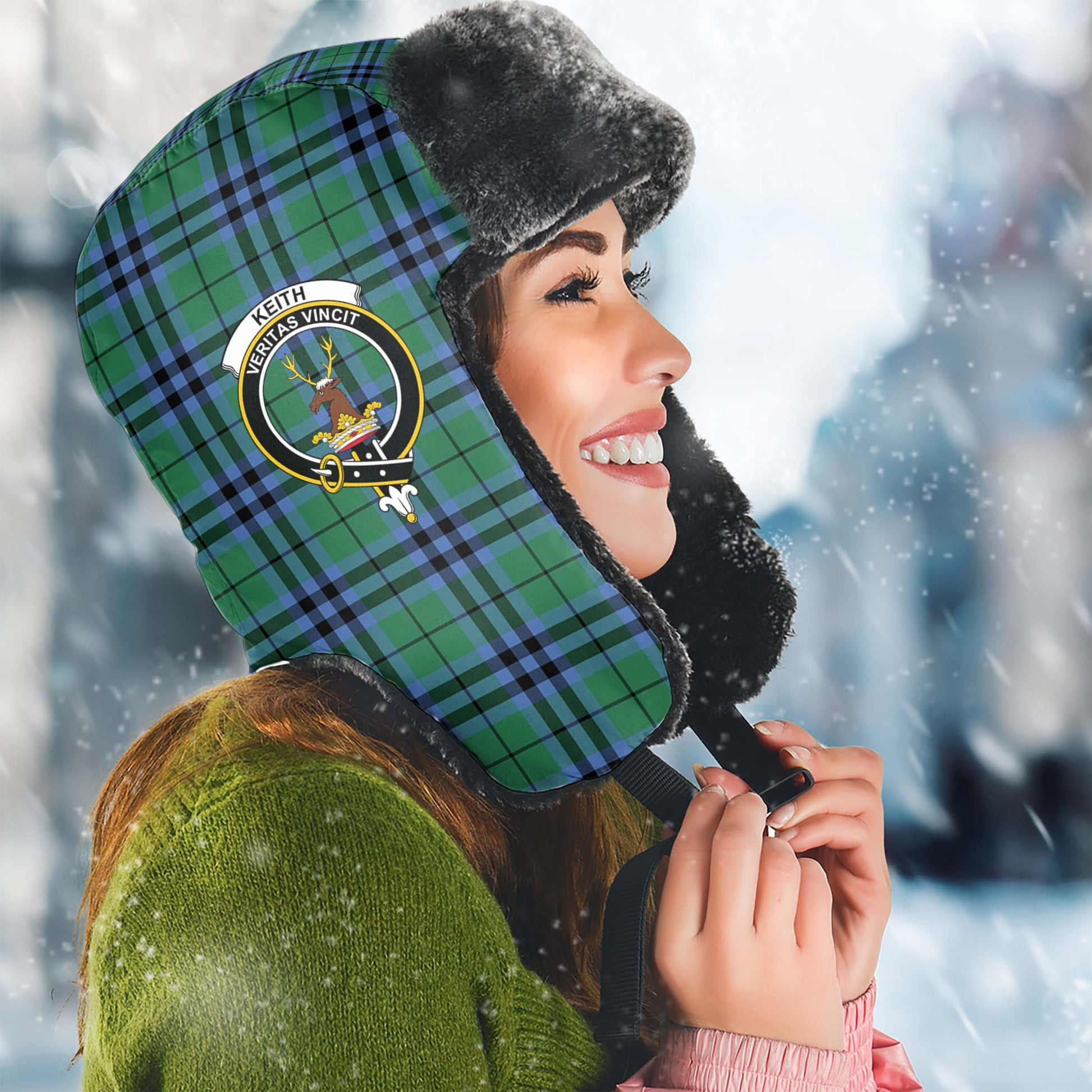 Keith Ancient Tartan Winter Trapper Hat with Family Crest Winter Trapper Hat Universal Fit Circumference 22.8in (58cm) - Tartanvibesclothing