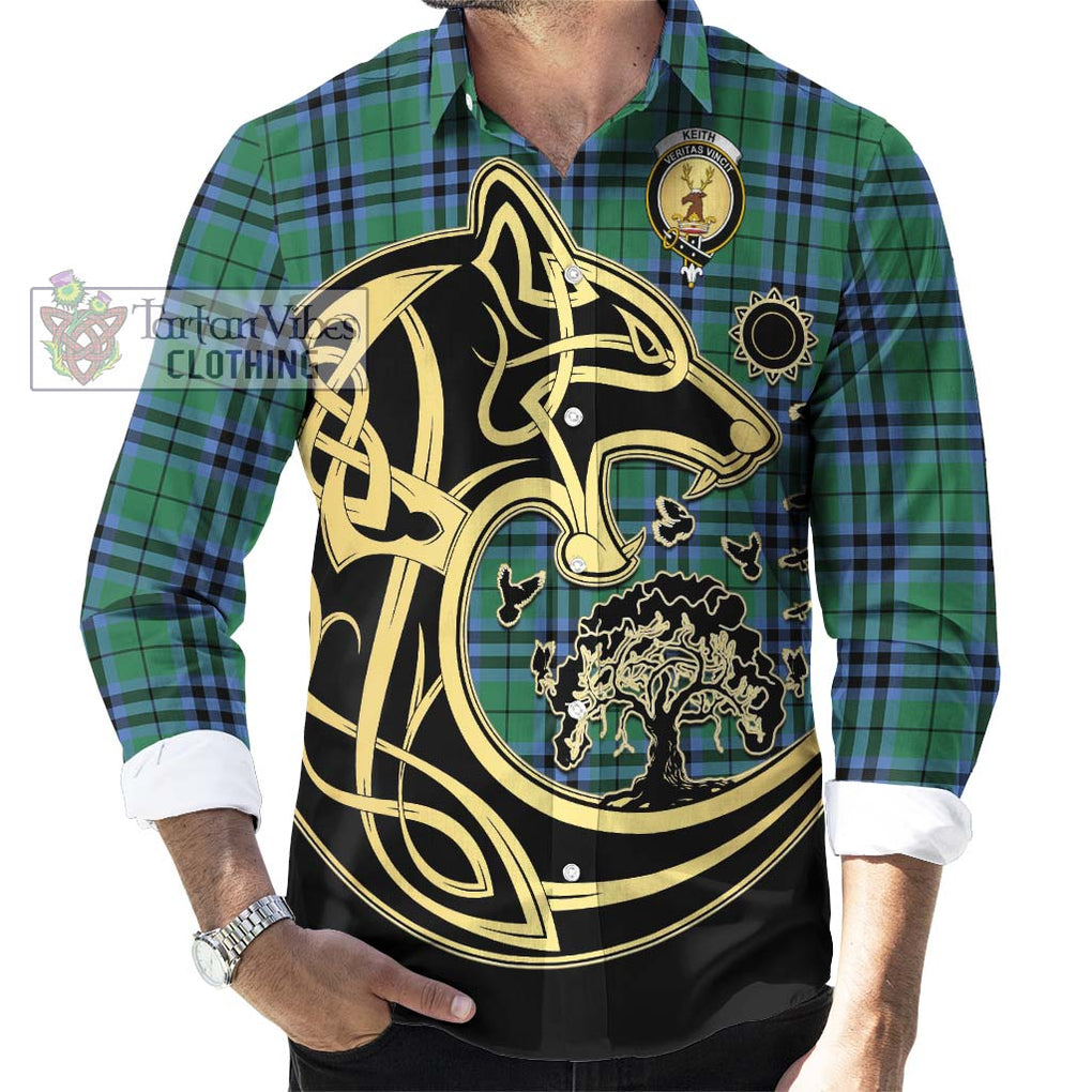 Keith Ancient Tartan Long Sleeve Button Shirt with Family Crest Celtic Wolf Style - Tartan Vibes Clothing