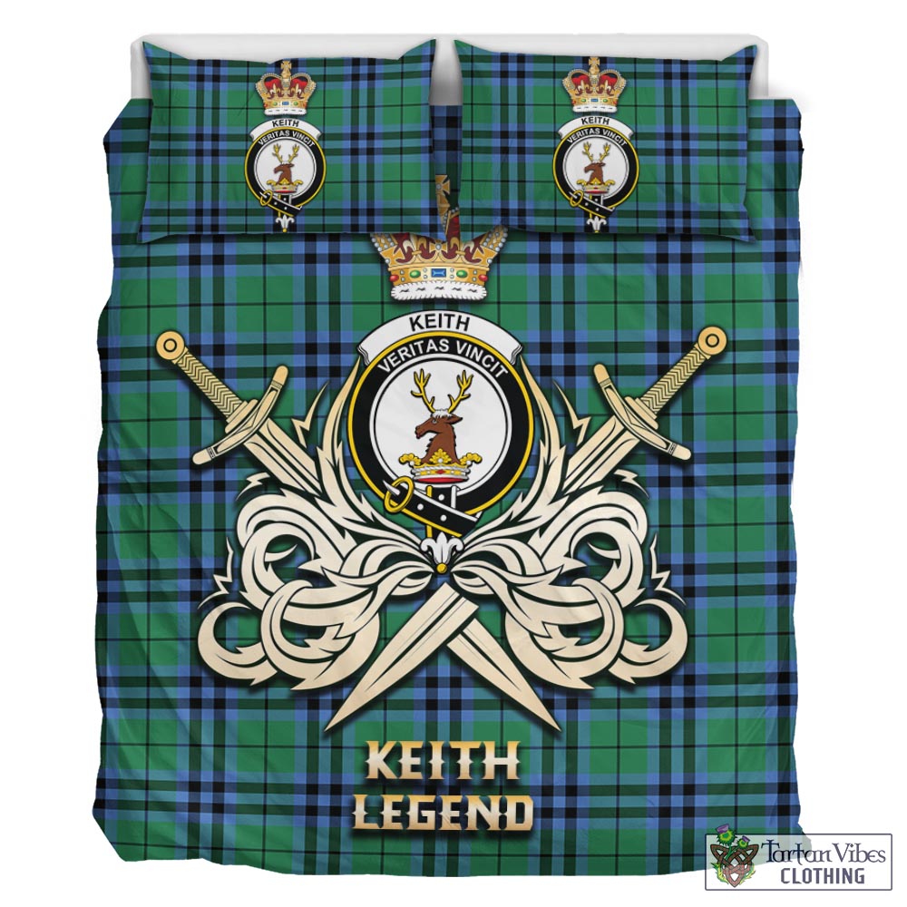 Tartan Vibes Clothing Keith Ancient Tartan Bedding Set with Clan Crest and the Golden Sword of Courageous Legacy