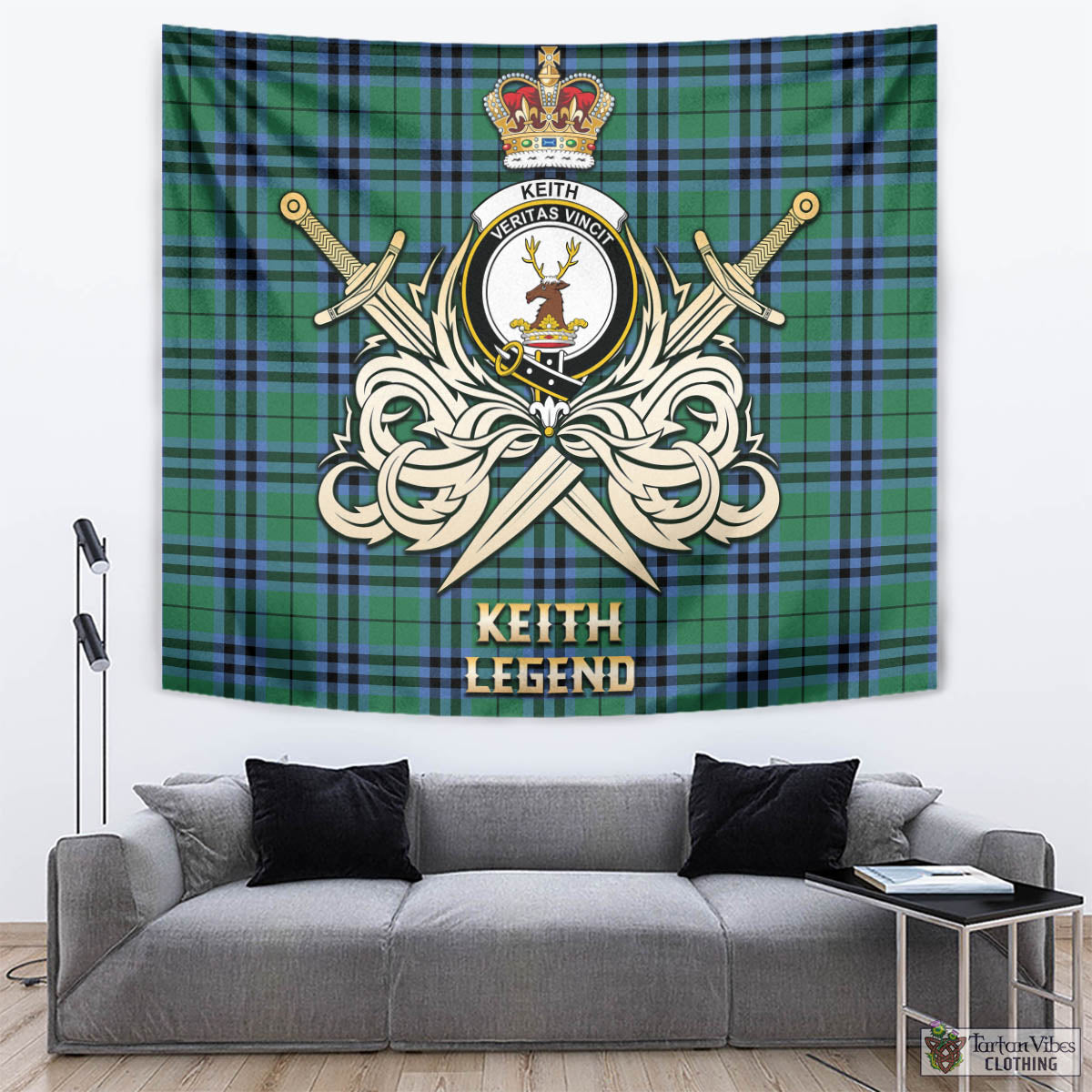 Tartan Vibes Clothing Keith Ancient Tartan Tapestry with Clan Crest and the Golden Sword of Courageous Legacy