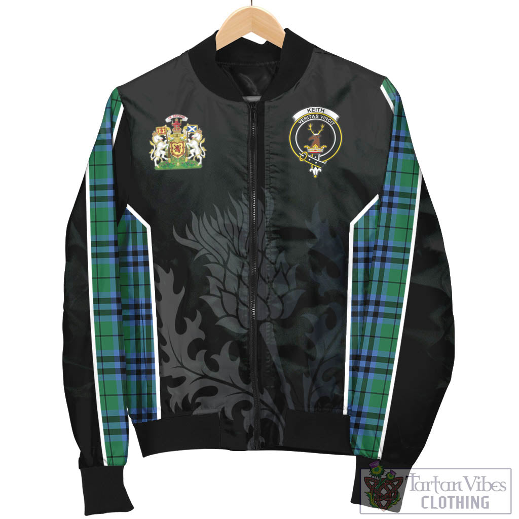 Tartan Vibes Clothing Keith Ancient Tartan Bomber Jacket with Family Crest and Scottish Thistle Vibes Sport Style