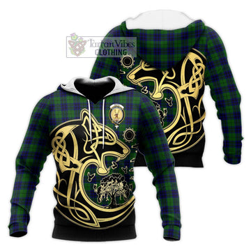 Keith Modern Tartan Knitted Hoodie with Family Crest Celtic Wolf Style