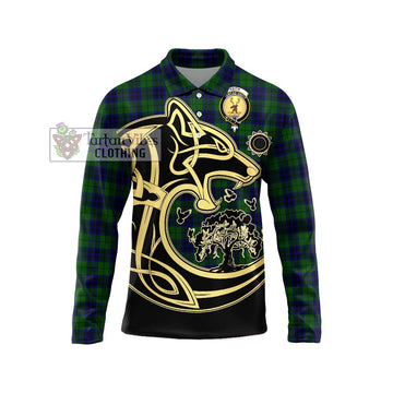 Keith Modern Tartan Long Sleeve Polo Shirt with Family Crest Celtic Wolf Style