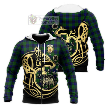 Keith Modern Tartan Knitted Hoodie with Family Crest Celtic Wolf Style