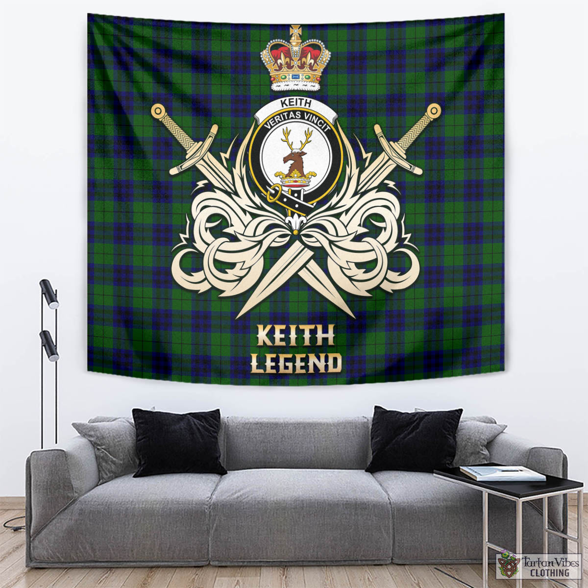 Tartan Vibes Clothing Keith Modern Tartan Tapestry with Clan Crest and the Golden Sword of Courageous Legacy