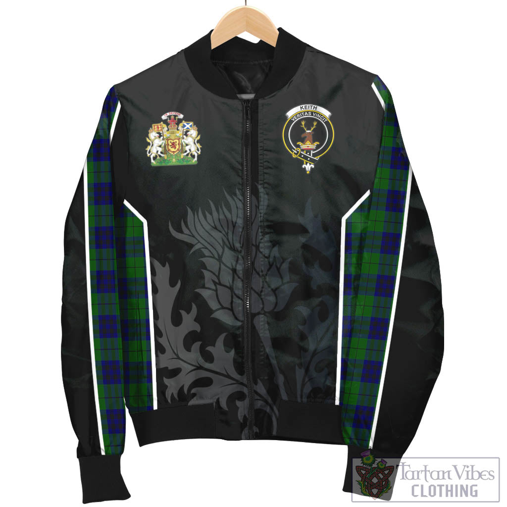 Tartan Vibes Clothing Keith Modern Tartan Bomber Jacket with Family Crest and Scottish Thistle Vibes Sport Style