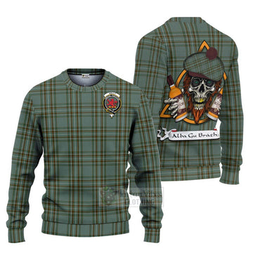 Kelly Tartan Ugly Sweater with Family Crest and Bearded Skull Holding Bottles of Whiskey