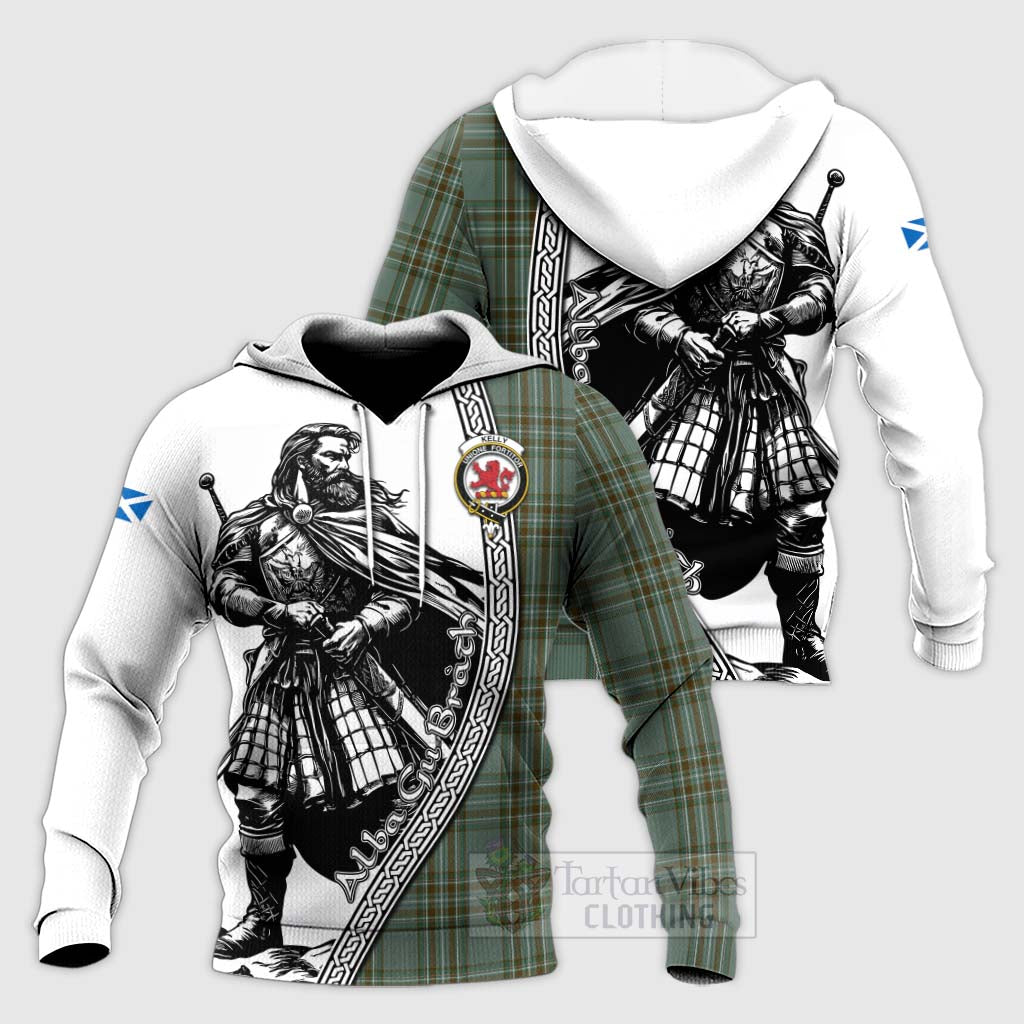 Kelly Tartan Clan Crest Knitted Hoodie with Highlander Warrior Celtic Style Unisex Knitted Pullover Hoodie - Tartan Vibes Clothing